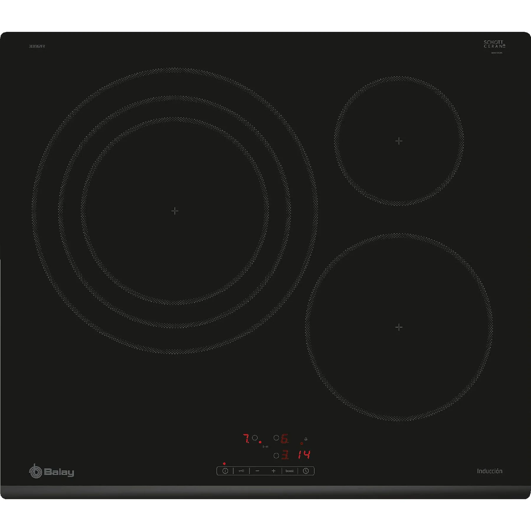 Placa de inducción Balay 3EB967FRE – 3 zonas, Zona Extra Gigante 32 cm, Función Sprint, Control táctil, Negro